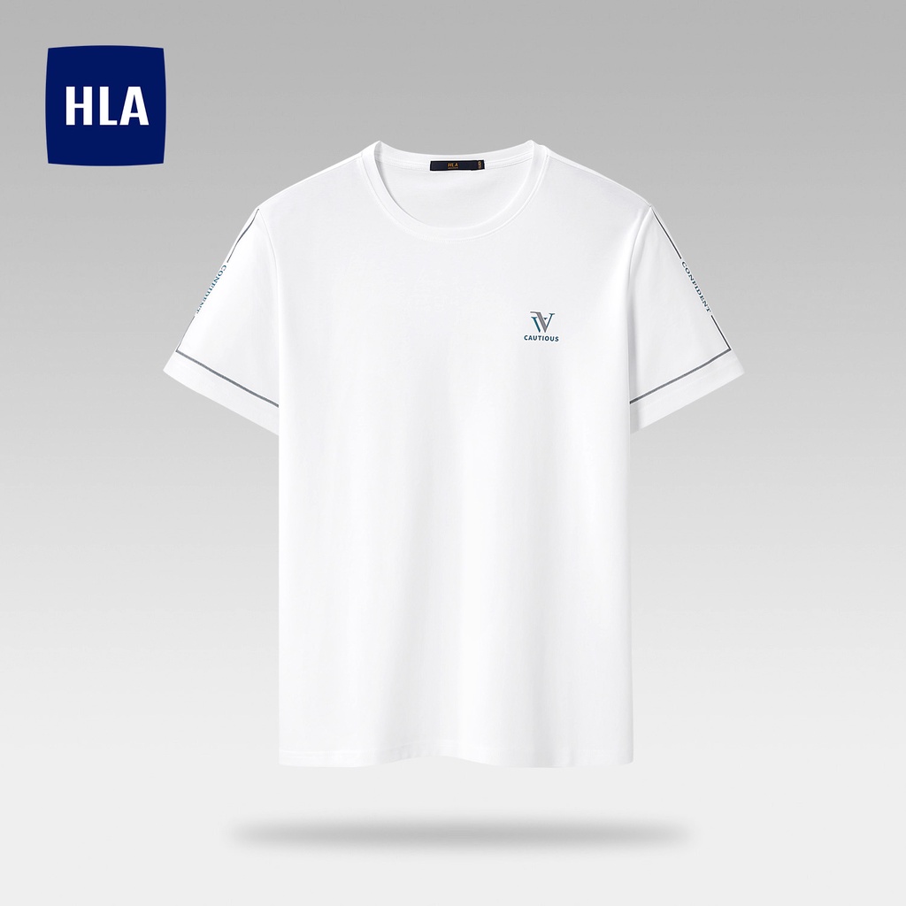 HLA - Áo thun nam cổ tròn kẻ viền tay áo Vibrant youthful round-neck white T-shirt