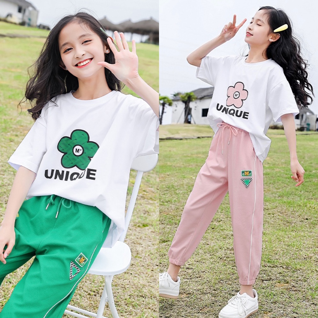 Bộ quần áo cotton hè "V UNI" 14-45kg cho bé gái 4-14 tuổi. Thiết kế đẹp, năng động. Thoáng mát. STA002