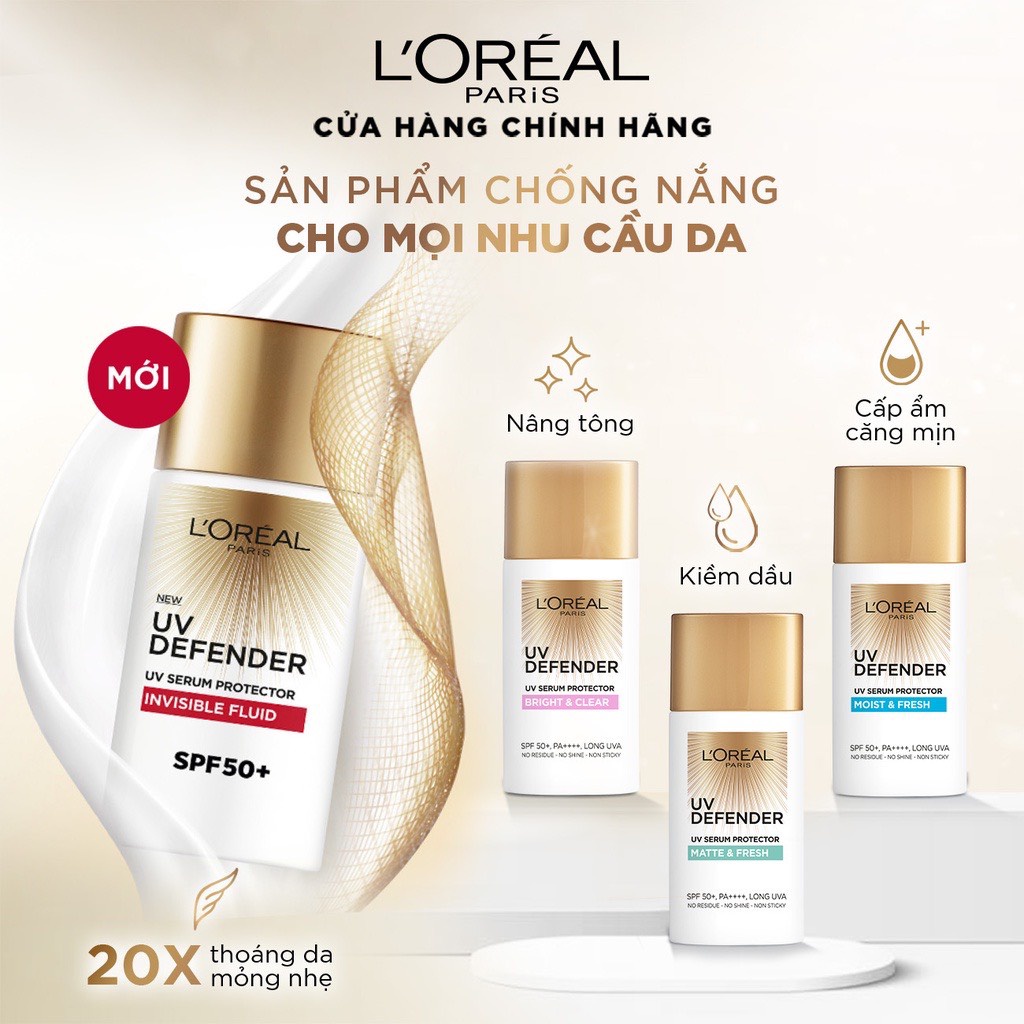 [L'OREAL PARIS] Kem Chống Nắng Siêu Mỏng Nhẹ Và Thoáng Mịn UV Defender Serum Invisible Fluid SPF 50+ PA++++ 50ml