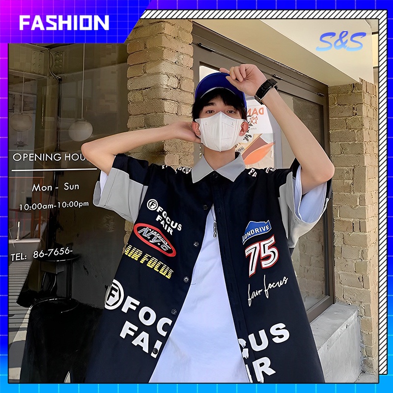 áo sơ mi hiphop nam áo xe đua nam áo sơ mi tay ngắn Áo xe đua Sơ mi