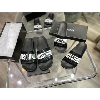 Dép black slides quai ngang moschino unisex đế cao su, dép slides moschino, dép moschino slides - black/white