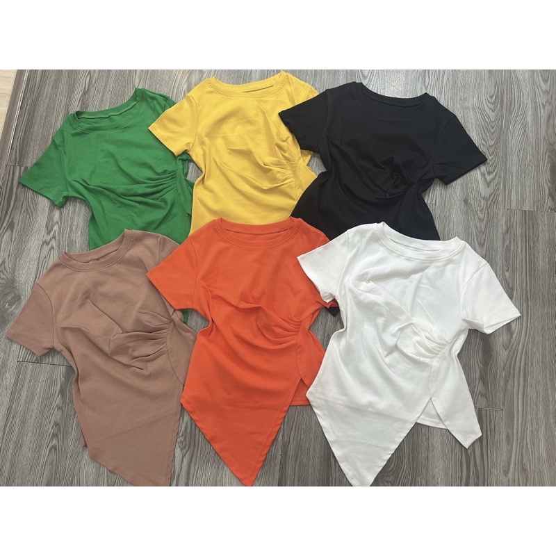 Áo thun body tay ngắn tà nhọn nhún eo