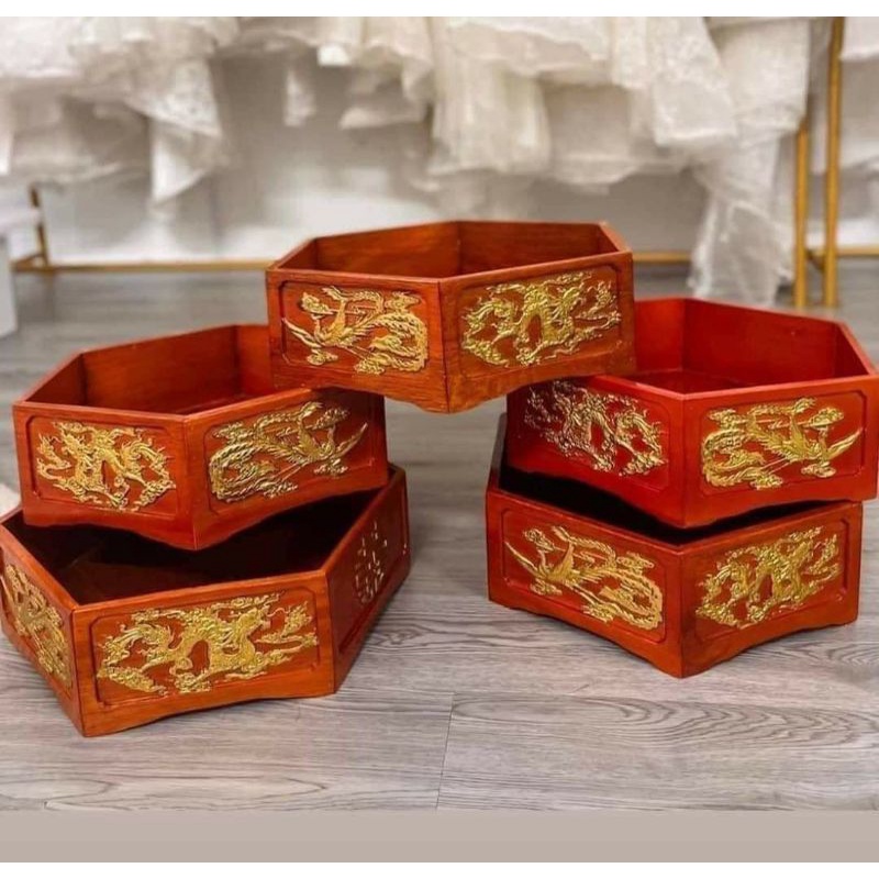 Tráp gỗ long phụng LỤC GIÁC phục vụ dạm ngõ cưới hỏi giá xưởng