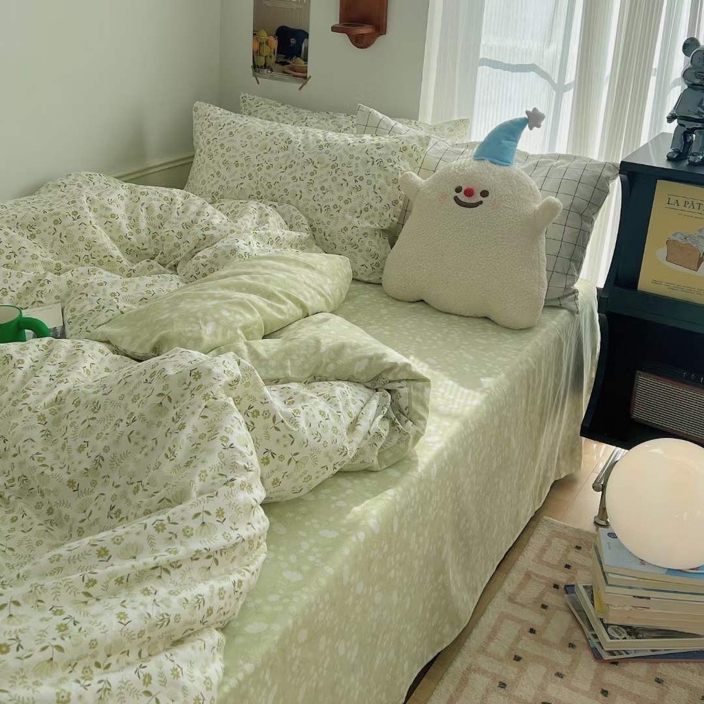 Cotton hoa lá, bộ chăn ga 4 món vỏ chăn, ga, 2 vỏ gối nằm chất liệu 100% cotton