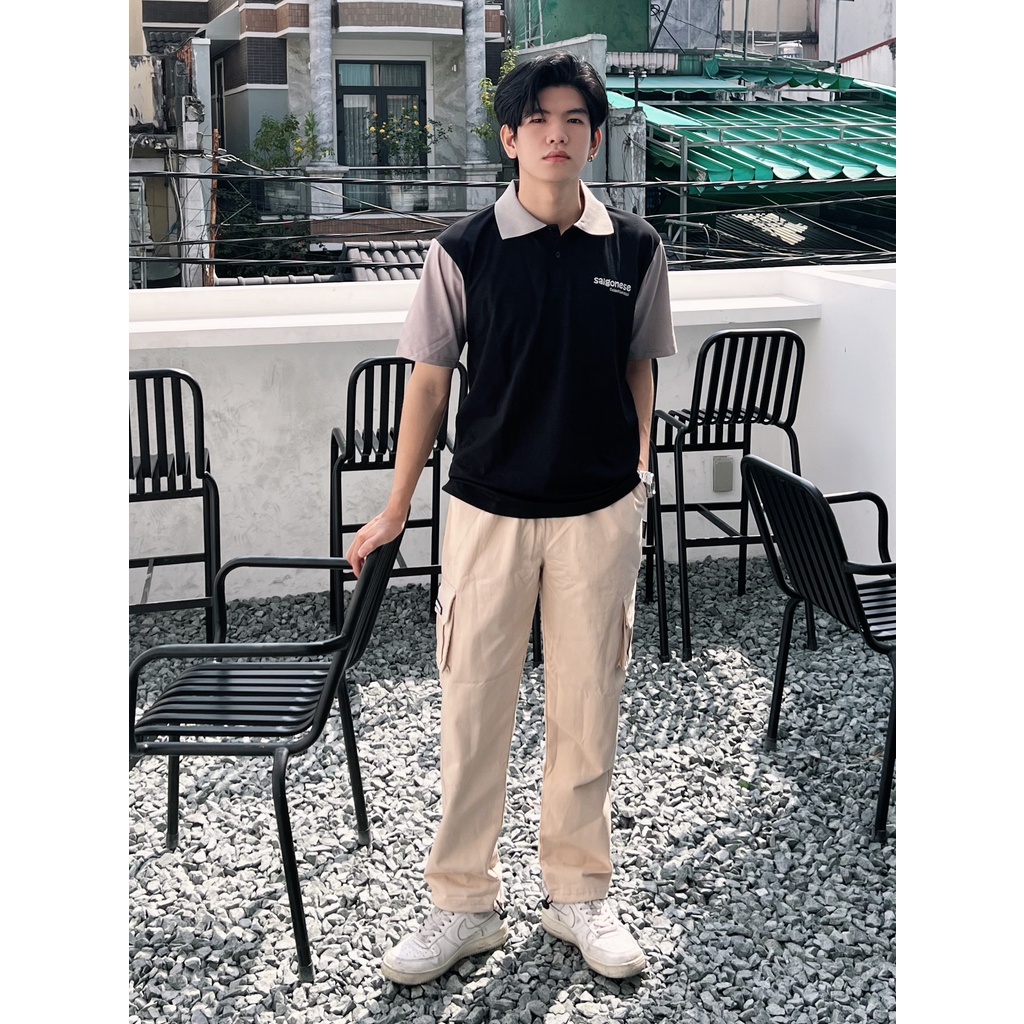 Áo Polo Unisex SAIGONESE Collection Basic Oversize Form Rộng Nam Nữ / Đen Tay Xám