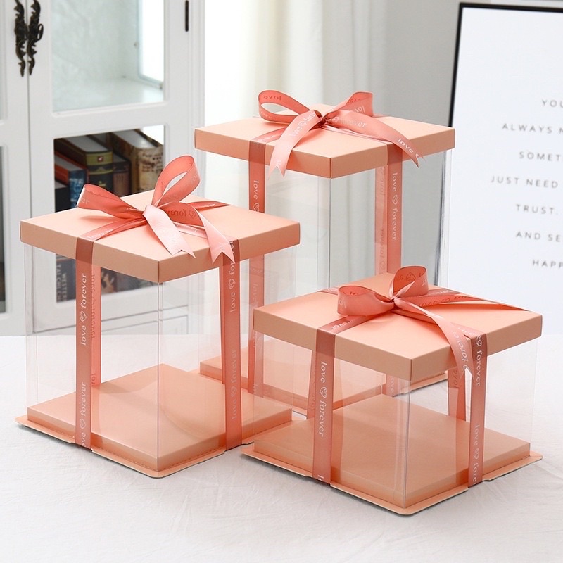 Hộp nhựa Pet mica trong suốt nắp hồng đựng bánh kem quà tặng 8/3 đựng bánh sinh nhật