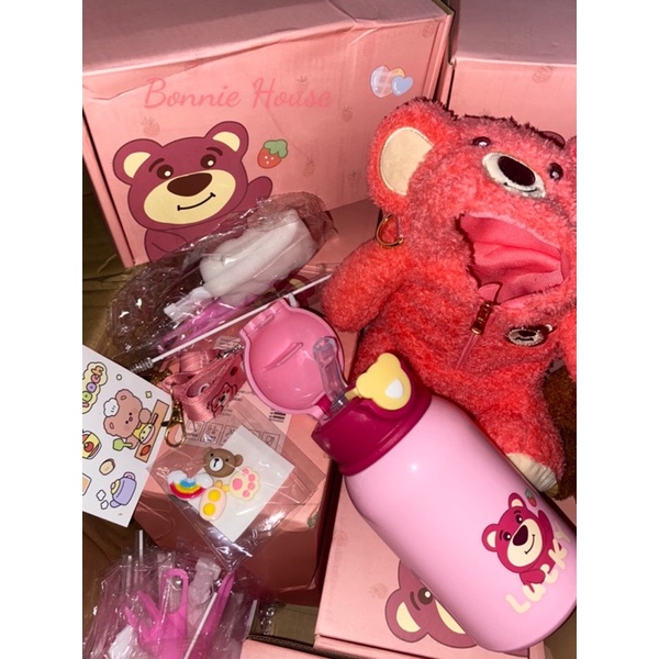 HÀNG CÓ SẴN Bình nước giữ nhiệt Losto gấu dâu 450ml tặng kèm túi gấu lông