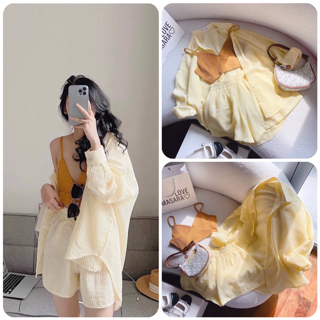 SET 3 MÓN SƠ MI KẺ SỌC VÀNG + BRA 2S + SHORT