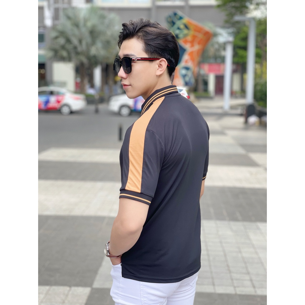 Áo thun polo nam cao cấp trơn tay ngắn phối sọc vai cam đen, chất poly cá sấu, sang trọng tinh tế