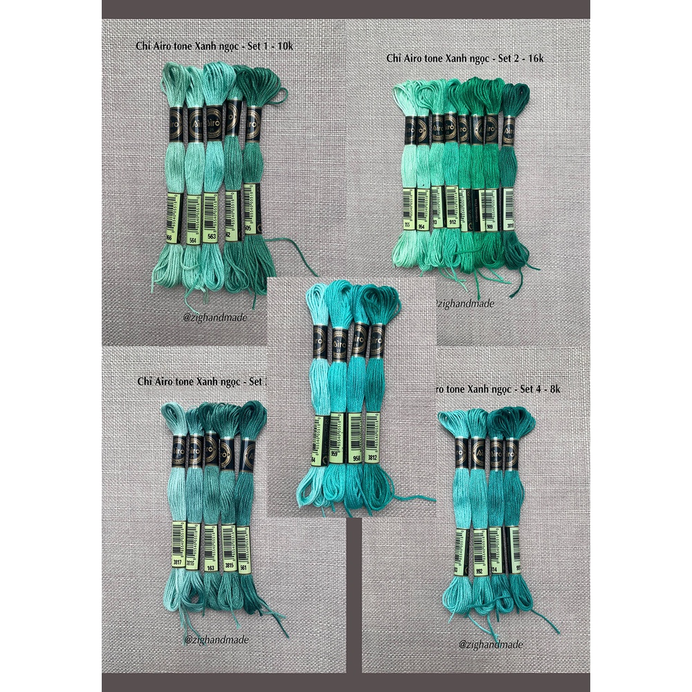Set chỉ thêu Airo tone Xanh ngọc