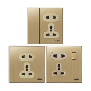 Bộ ổ cắm đa năng 5 chấu, công tắc 1 chiều Uten Q9 mặt vuông màu vàng vân xước