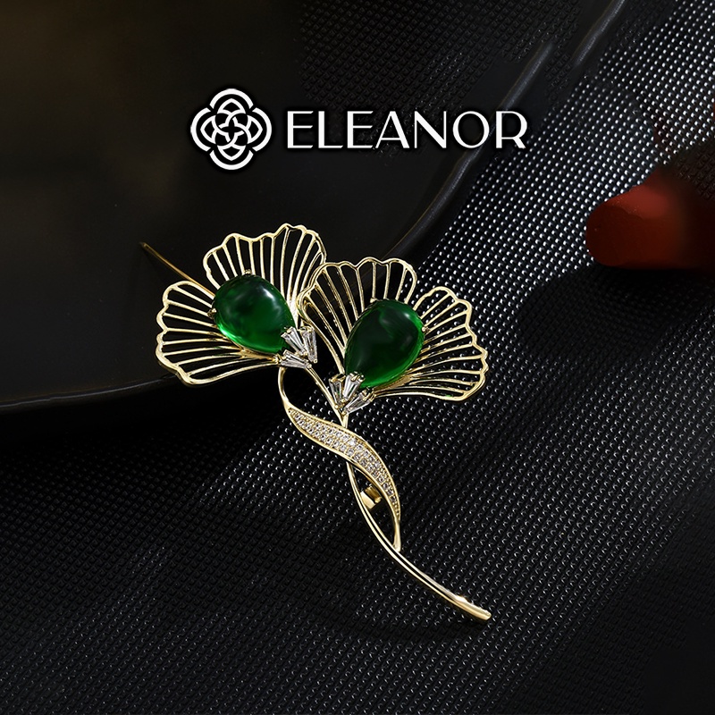 Ghim cài áo nam nữ Eleanor Accessories hình lá rẻ quạt đính đá xanh phong cách sang trọng phụ kiện trang sức 5379