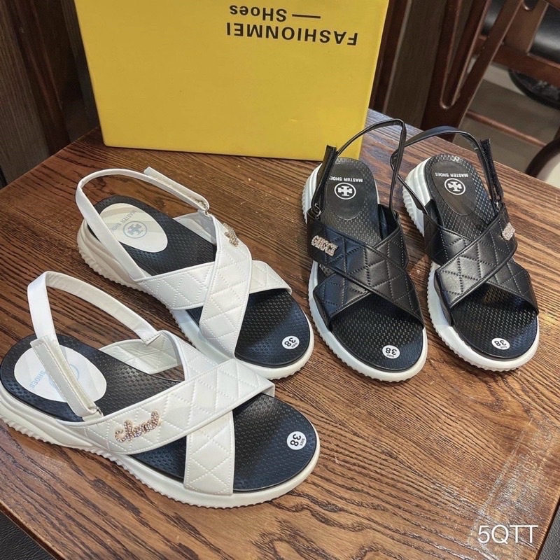 Dép xuồng sandal chà nel đính đá đế độn 2cm
