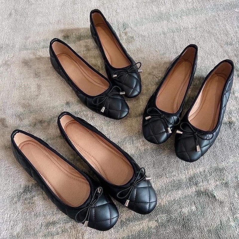 Giày búp bê nữ trám chần đính nơ siêu êm chân