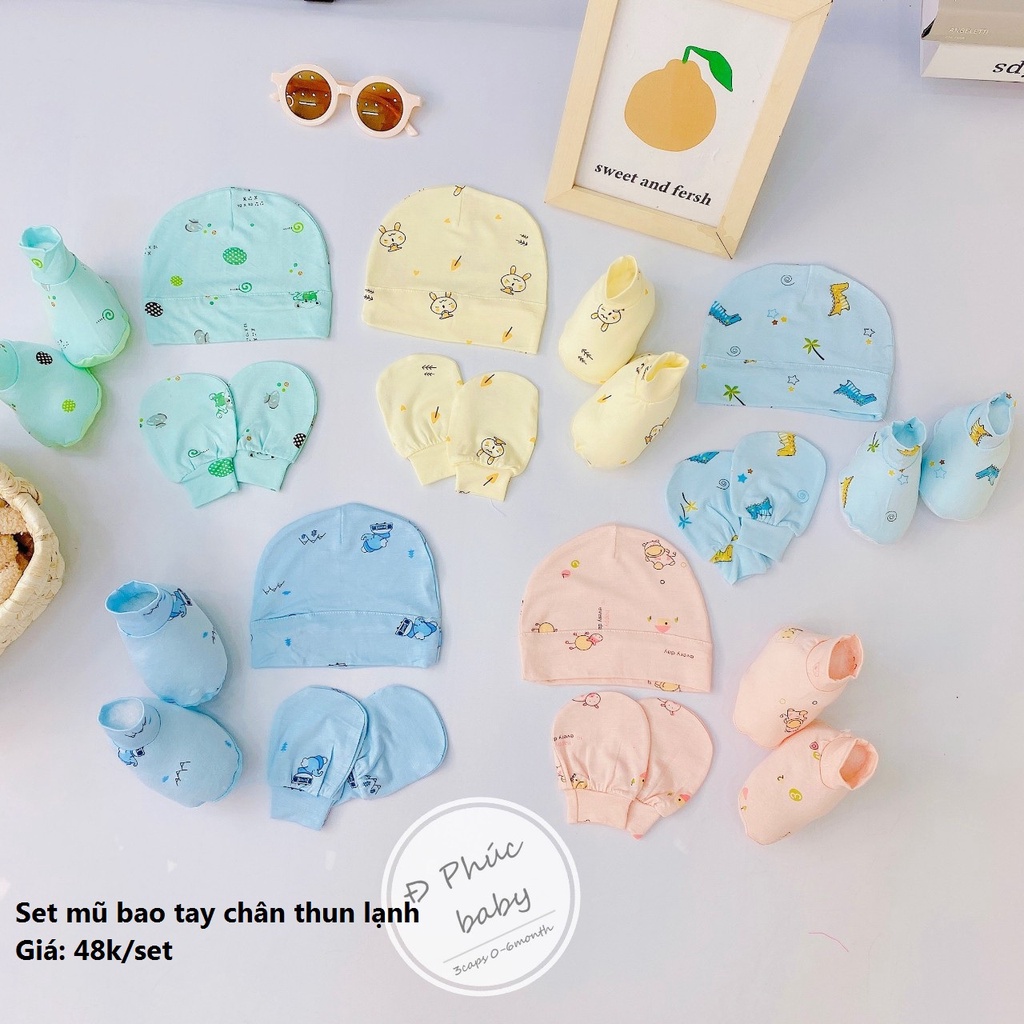 Set Mũ Bao Tay Chân Thun Lạnh Họa Tiết Xinh Cho Bé Sơ Sinh
