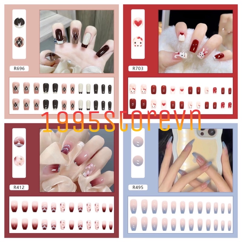 Bộ Nail Box 24 Móng Tay Giả Trơn Dài Hoạ Tiết Xinh Nhiều Mẫu Kèm Keo
