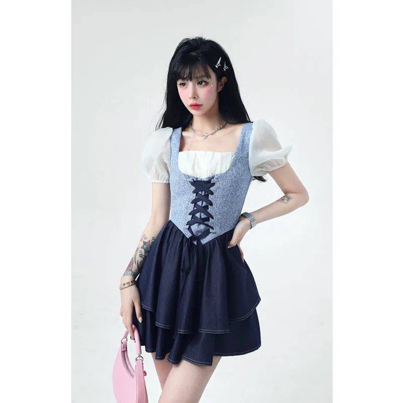 Váy babydoll đâm babydoll đâm du tiec Đầm Ngắn Cổ Vuông Tay Phồng Giả Hai Lớp Thời Trang Mùa Hè Cho Nữ