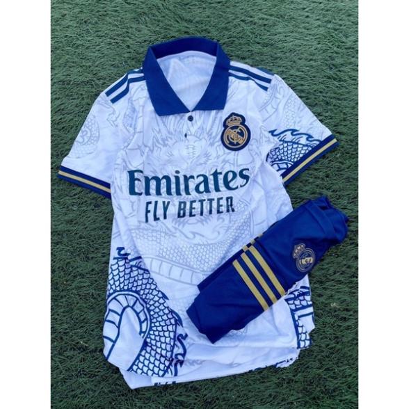 Bộ quần áo bóng đá thể thao nam nữ vải gai thái clb real madrid áo trắng hình rồng quần xanh than 2022 2023