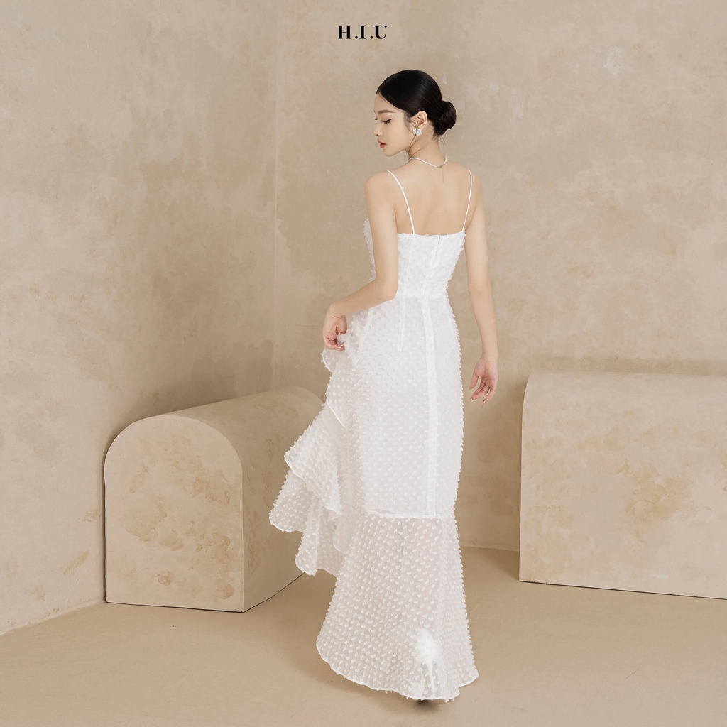 Váy 2 dây nữ nhún bèo voan giấy chấm bi Jessi Dress H.I.U Fashion , đầm tiệc dáng dài midi 2 lớp thiết kế sang trọng