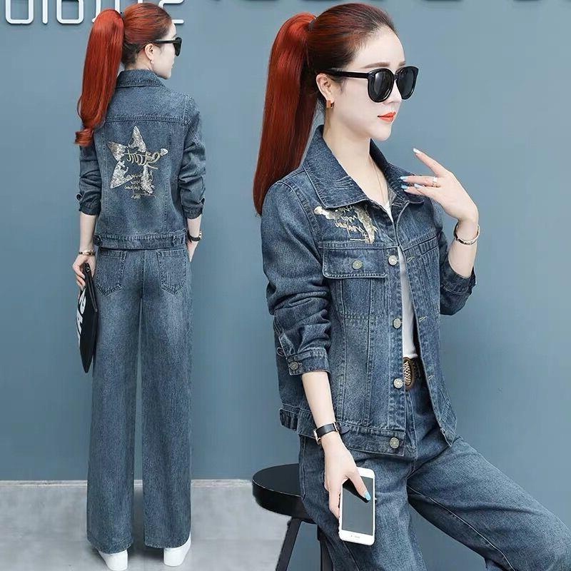 Bộ đồ cao bồi rộng thùng thình, phong cách mới nhất của nữ Xuân Thu, áo khoác đơn giản, hai bộ quần áo,