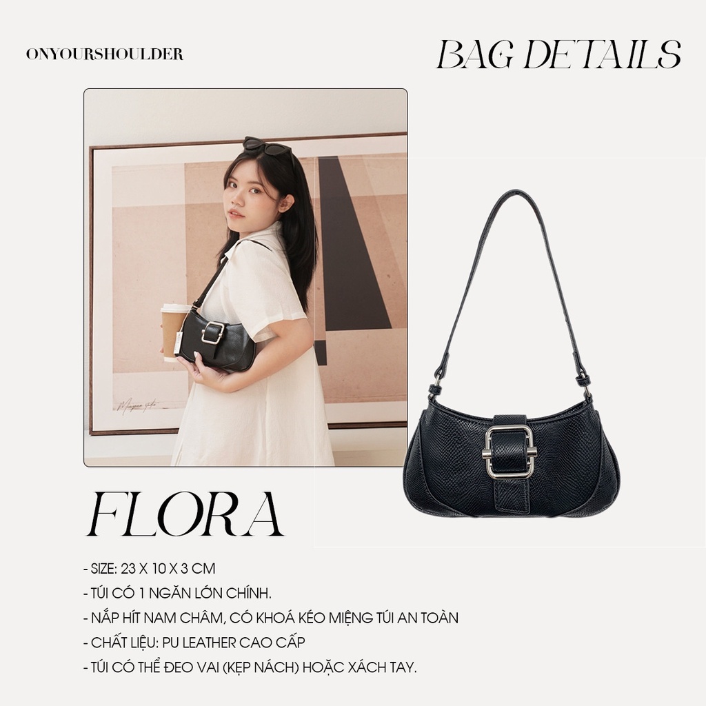 Túi xách nữ màu đen thời trang Flora Bag, túi da công sở thanh lịch cao cấp sành điệu Onyourshoulder