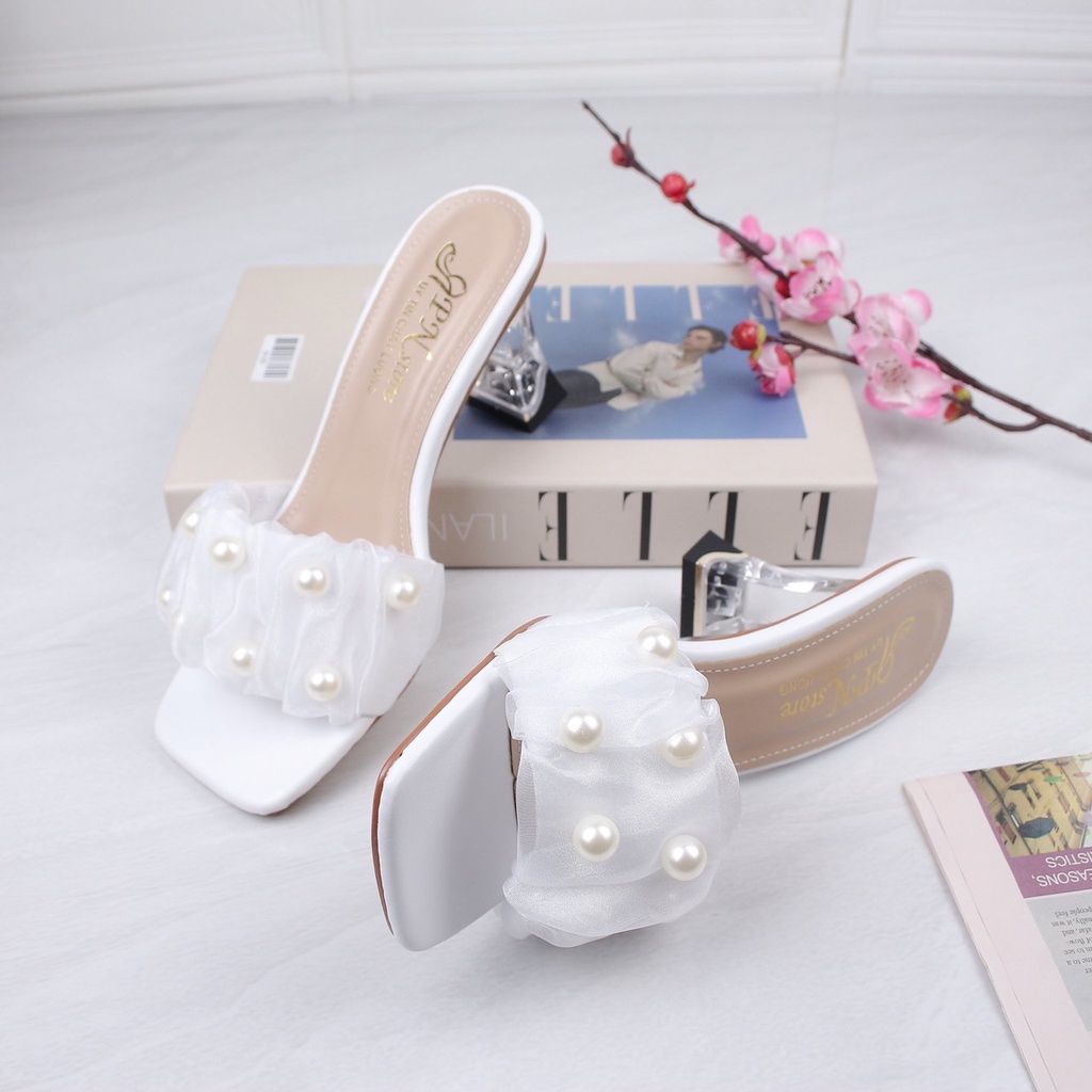 Guốc cao gót vuông trong 7p quai bản nhún ren kết hạt châu lớn G21