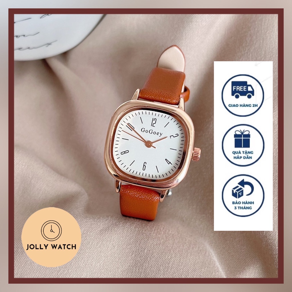 Đồng hồ nữ Jolly watch GoGoey chính hãng mặt vuông phong cách Hàn Quốc viền kim loại dây da phối màu trẻ trung