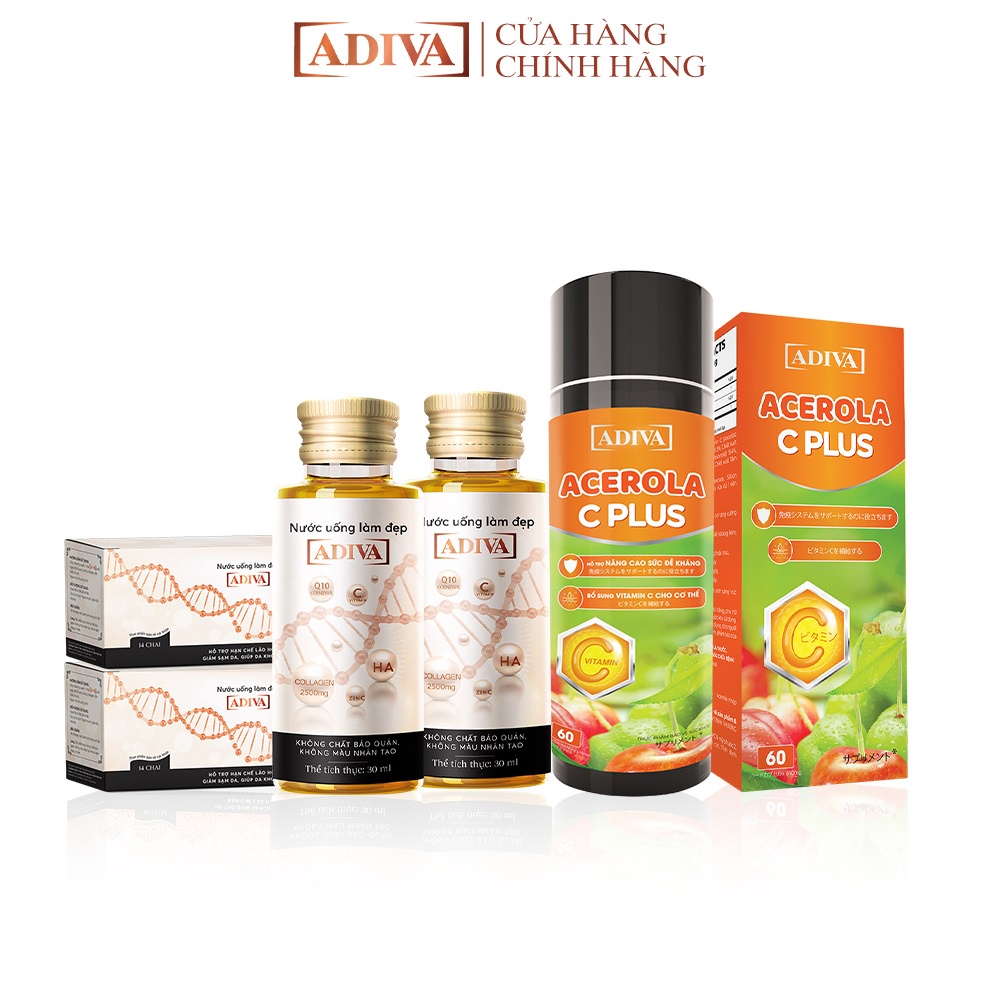 Combo 2 Hộp Nước Uống Làm Đẹp Collagen ADIVA (14 Chai/Hộp) + Viên Uống Bổ Sung Vitamin C ADIVA Acerola C Plus 60 Viên