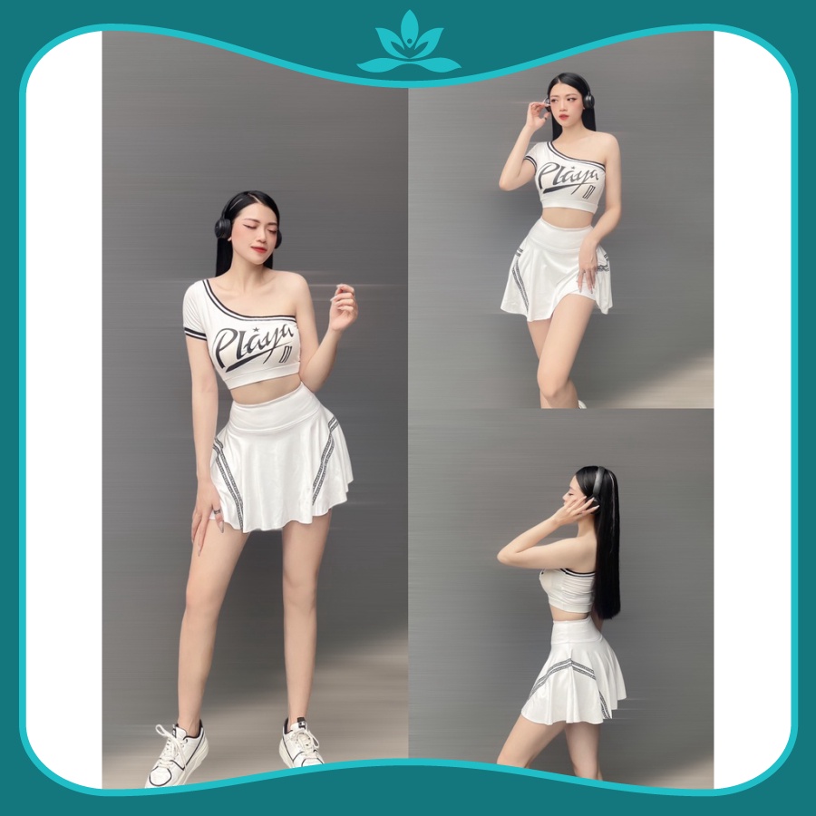 Đồ tập gym nữ Hot trend Bộ váy 2 lớp áo lệch vai Tập Gym Yoga Aerobic Nữ