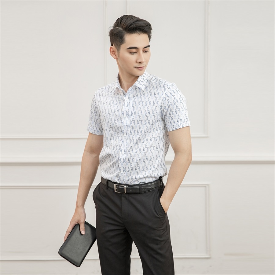 Áo sơ mi nam ngắn tay ARISTINO ASS088S1 công sở màu trắng in họa tiết xanh vải sợi sồi dáng slim fit tà lượn không túi