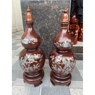 Cặp Lục bình hồ lô gỗ lim nguyên khối cẩn hoa cao 30-40cm G65