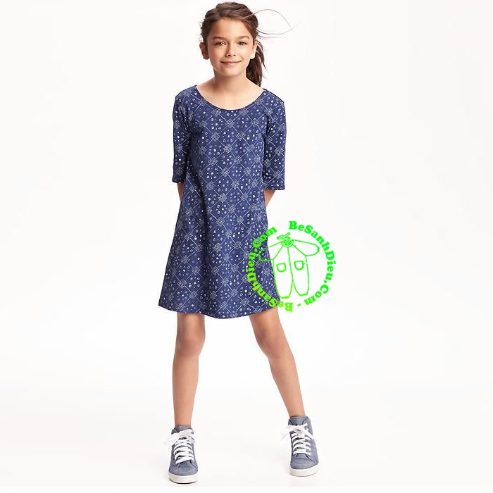 Đầm thun tay lửng hiệu Old Navy hàng VNXK màu xanh in hoa văn