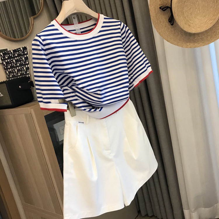 Áo Dệt Kim Ngắn Tay Áo Cộc Tay Nữ Họa Tiết Kẻ Sọc Thời Trang | BigBuy360 - bigbuy360.vn