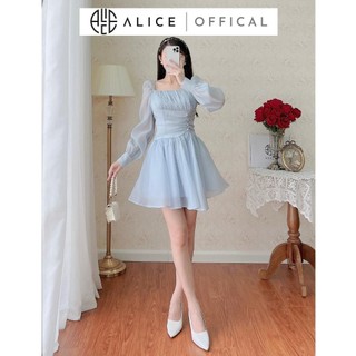 Váy Tiểu Thư Cổ Vuông Nhún Ngực Chiết Ly, Eo Đính Ngọc ALICE Chất Tơ Xốp Lót Lụa Phong Cách Sang Chảnh V1073