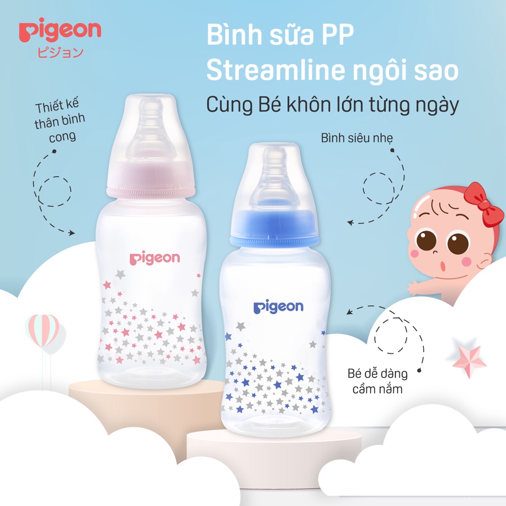 Bình Sữa PP Streamline Hình Ngôi Sao Hồng/Xanh Pigeon 250ml (M)