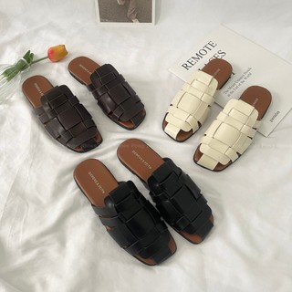 Dép sục nữ Pong Shoes dáng đan rọ mũi vuông đế bằng- Full box - Mã 1543