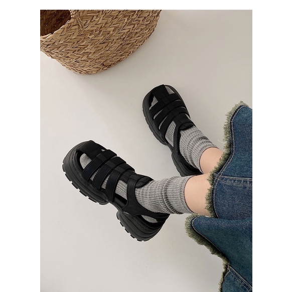 Giày sandal mũi rọ nữ phong cách la mã đế cao 6cm chất liệu vải đế cao su phong cách cá tính ulzzang