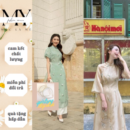 Áo dài cách tân dáng ôm tay ngắn thêu hoa chất liệu voan tơ cao cấp MYMY store