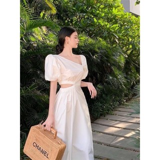 Đầm maxi hở eo - Đầm khoét eo cổ xéo tôn dáng [Hàng TK Shop chụp cận chất]