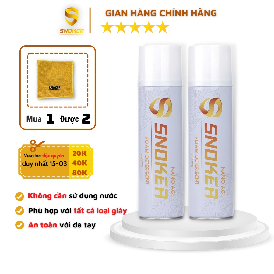 Combo 2 Bình Xịt Vệ Sinh Giày Tạo Bọt SNOKER Chính Hãng, Công Nghệ Nhật Bản, An Toàn Cho Tay, Phù Hợp Nhiều Loại Giày
