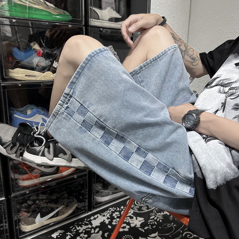 Quần short bò nam phối kẻ caro hai bên, quần đùi nam ống rộn chất mềm mặc nhà đi chơi phong cách Unisex Hàn Quốc