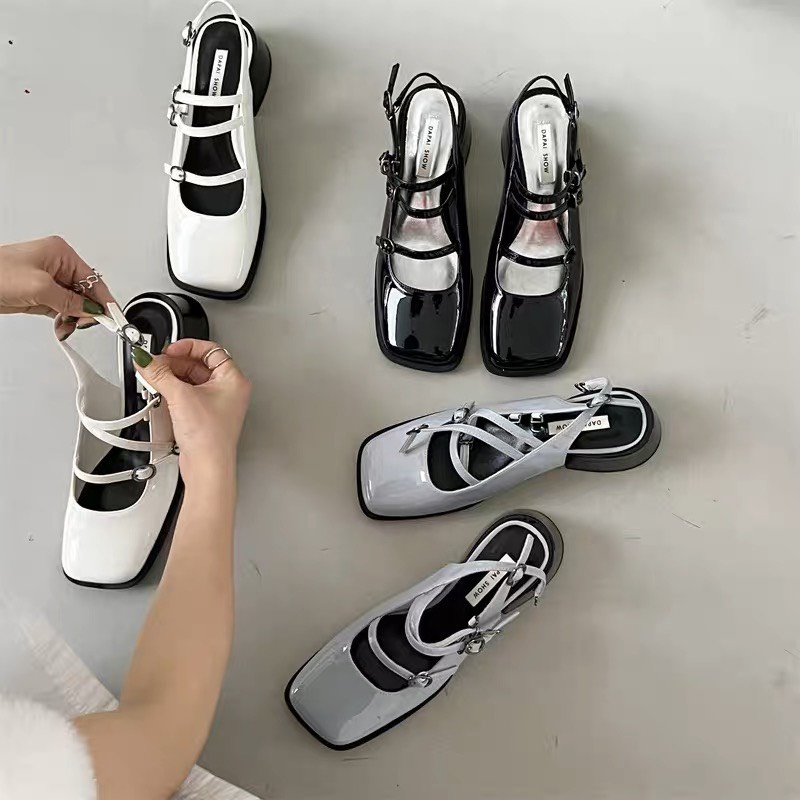 Giày Mary Jane mùa hè Xăng đan nữ 2023 mũi vuông đế vuông