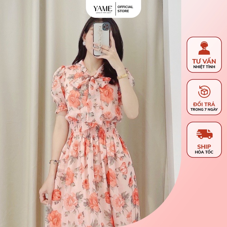 Váy đầm hoa nữ ngắn tay dáng dài đuôi cá cổ nơ dài chun eo Monocle hồng YAME