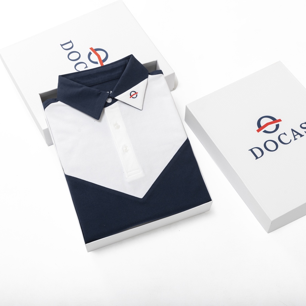 PO910-1 Áo Polo Nam DOCAS Vải Cotton CMC May Phối Thân Xanh Đen Vai Trắng Phom Regular Fit