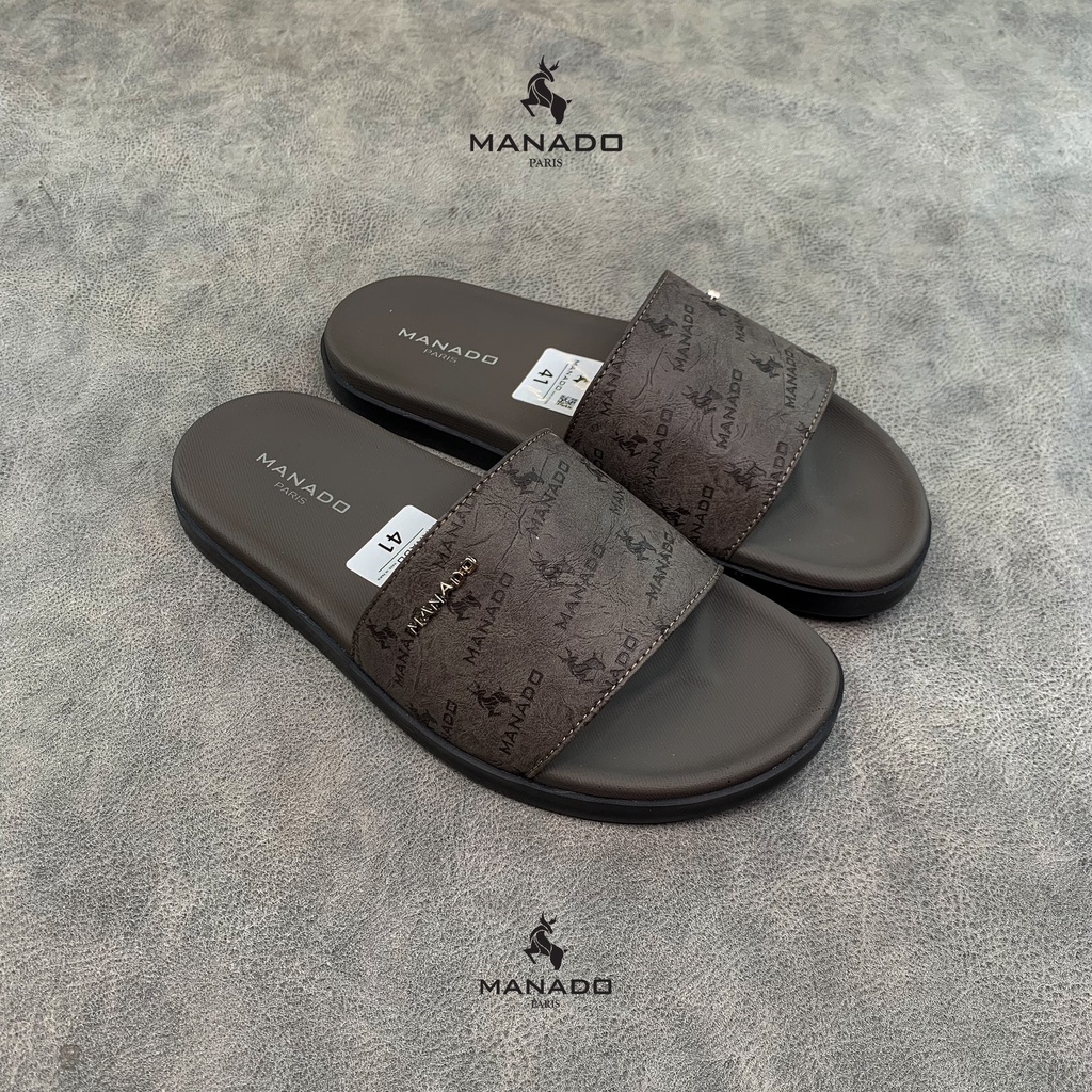 Dép da nam quai ngang cao cấp Manado Mã MND18 màu xám fullbox, quai da mềm mại, đế cao su thiết kế chắc chắn