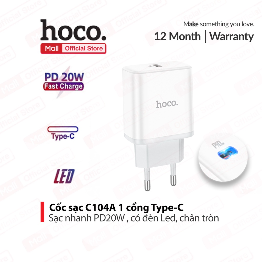 Củ sạc nhanh C104A PD20W QC3.0/QC2.0 1 cổng Type-C có đèn led, chân tròn , chất liệu chống cháy cao cấp