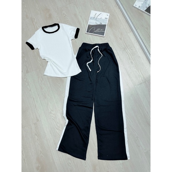 Set Bộ Áo Croptop Viền Cổ Tròn + Quần Ống Xuông DÂY THỪNG Lai Viền CÓ TÁCH LẺ MÓN