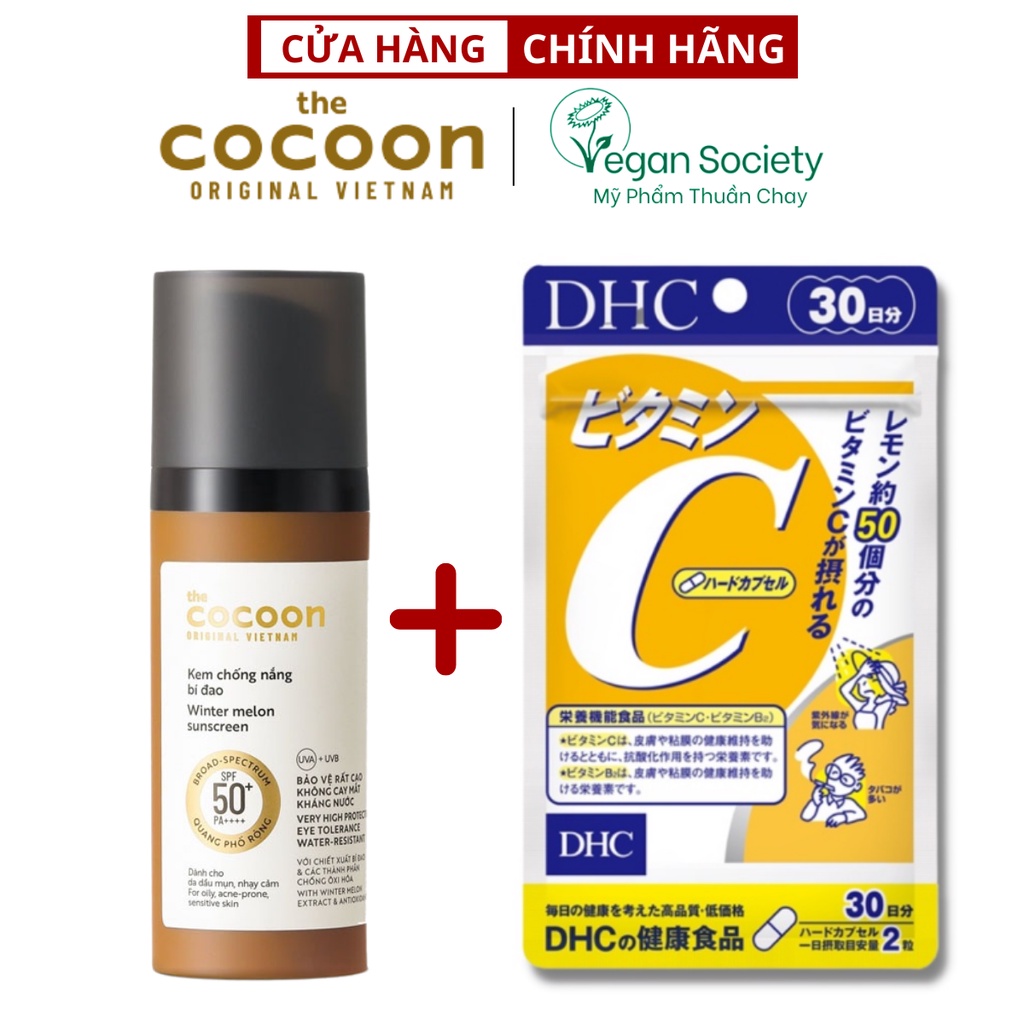Combo viên uống vitamin C DHC + Kem chống nắng bí đao quang phổ rộng, bảo vệ rất cao SPF 50 +, PA ++++ Cocoon 50ml