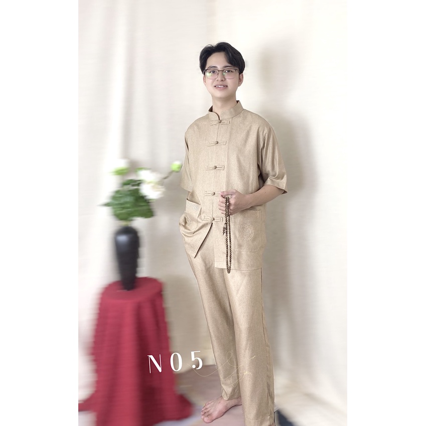 Đồ Lam Đi Chùa Cho Nam Lãnh Tụ 3 Túi Thêu Chất Linen N05