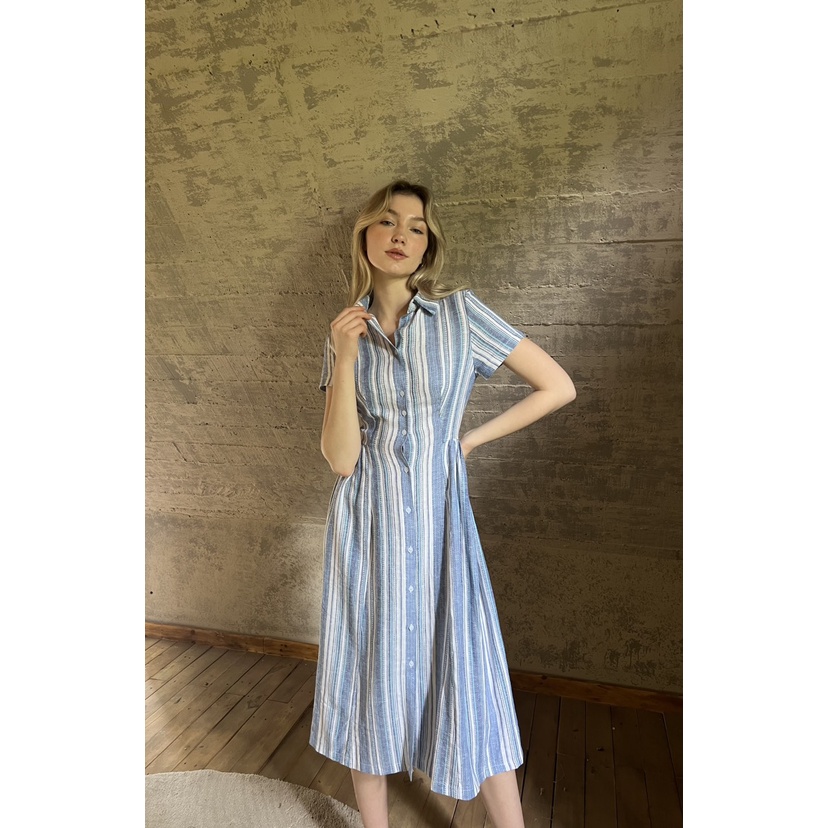 TIFFANY STUDIOS - Đầm Kẻ Sọc Dáng Dài Cổ Sơ Mi - JENIFER DRESS